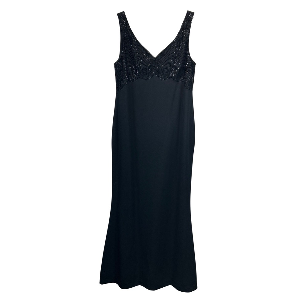 Daymor Couture Dress Women 12 Black‎ Beaded V-Neck Scalloped Formal Gown Sheath
